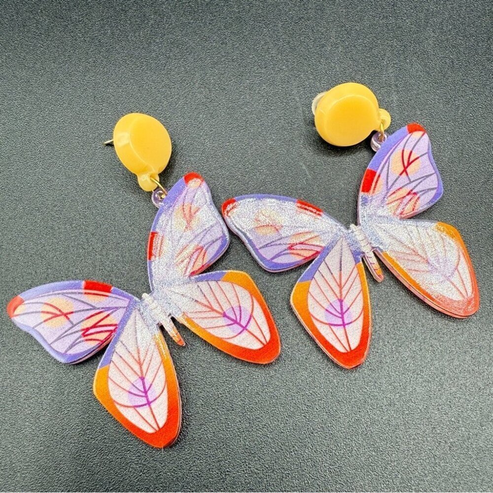 Acrylic Butterfly Earrings Colorful Orange and Purple - Pierced